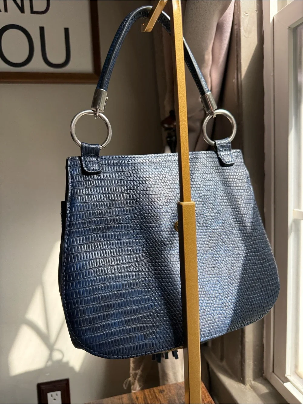 NWT Blue Snake Embossed Textured Leather Shoulder Bag with Tassel